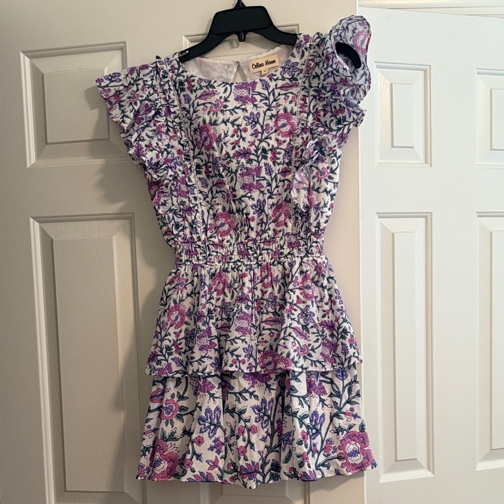 Celina Moon White Mini Dress with Pink & Purple Floral Print